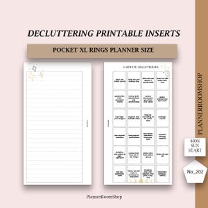 Pode incluir: Dois inserts de planejador imprimíveis brancos para argolas Pocket XL. A página esquerda é pautada com ícones de estrelas. A página direita apresenta uma lista de tarefas de 5 minutos. Inclui o texto: DECLUTTERING PRINTABLE INSERTS.