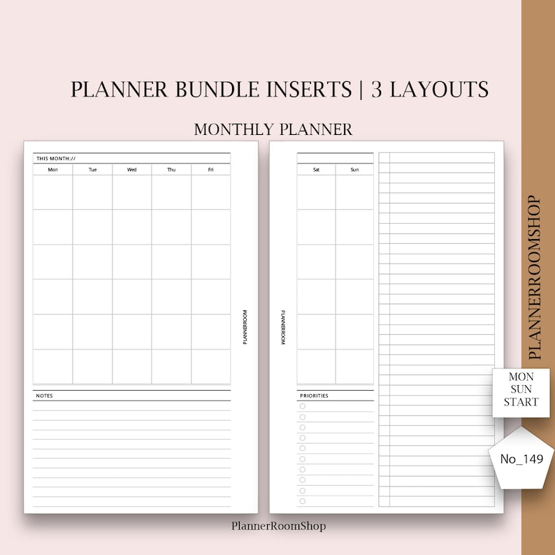 May include: A printable monthly planner page with a grid layout for daily tasks and a notes section. The page also includes a section for priorities with checkboxes. The text "This Month" and "PlannerRoomShop" is included on the page.