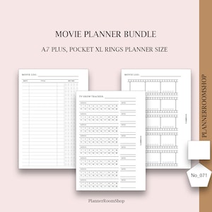 Puede incluir: Un paquete de planificadores de películas imprimibles en blanco y negro. El paquete incluye un registro de películas, un rastreador de programas de televisión y un registro de películas con un diseño de tira de película. El texto "MOVIE PLANNER BUNDLE" está en la parte superior de la página. El texto "A7 PLUS, POCKET XL RINGS PLANNER SIZE" está debajo del título. El texto "PlannerRoomShop" está en la parte inferior de la página. El texto "No_071" está en la esquina inferior derecha de la página.