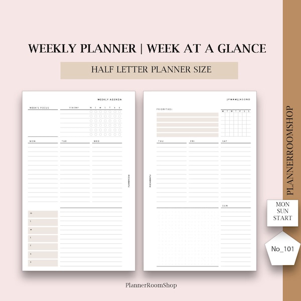 Week at a glance, Half Letter size, Weekly overview, Printable weekly inserts, Weekly template, Digital weekly planner, 101