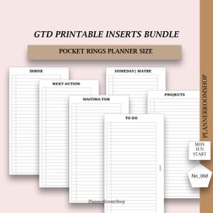 May include: Printable planner inserts for a pocket ring planner. The inserts include sections for inbox, next action, waiting for, someday maybe, to do, and projects. The inserts are black and white and have a lined design.
