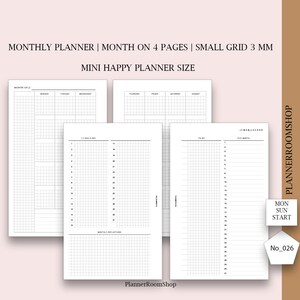 May include: A set of white planner pages with a grid pattern, designed for a Mini Happy Planner. The pages include sections for monthly planning, to-do lists, and daily reflections. Text includes "MONTHLY PLANNER" and "PLANNERROOMSHOP".