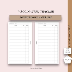 Könnte beinhalten: Ein Impf-Tracker-Einleger für einen Taschen-Ringplaner. Das weiße Papier zeigt schwarzen Text und Linien, einschließlich der Überschriften VACCINATION TRACKER, POCKET RINGS PLANNER SIZE, VACCINATION LOG, VACCINE, AGE, DATE, PLANNERROOMSHOP, MON SUN START und No_079.