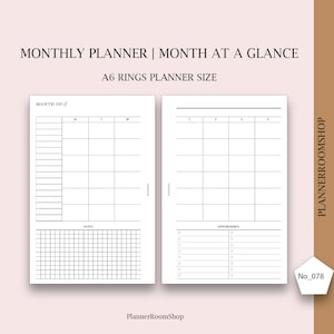 Month on two pages, month at a glance, Printables for A6 rings size, undated printable inserts, Mo2P