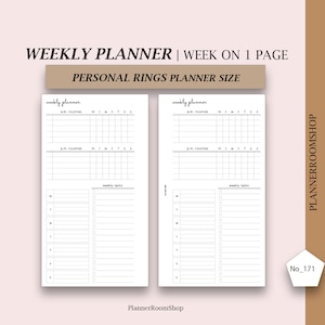 May include: A printable weekly planner template designed for personal rings planners. The template features two pages, each with sections for AM and PM routines, weekly tasks, and a daily schedule for Monday through Sunday.