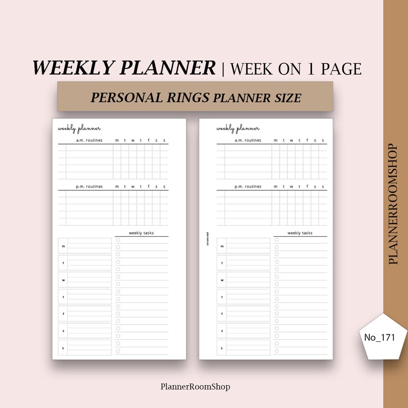 May include: A printable weekly planner template designed for personal rings planners. The template features two pages, each with sections for AM and PM routines, weekly tasks, and a daily schedule for Monday through Sunday.