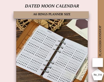 2026 Dated Moon calendar, Printable inserts, Moon phase calendar, Monthly moon inserts, Lunar calendar A6 rings plznner size, 316