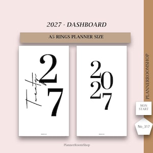 Peut inclure: Deux inserts de tableau de bord pour agenda à anneaux A5 pour 2027. L'insert de gauche présente le texte Twenty et les grands chiffres 2 et 7. L'insert de droite affiche l'année 2027 empilée verticalement. Texte inclus 2027 - DASHBOARD et MON START.