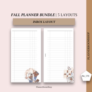 Puede incluir: P&aacute;gina doble de un planificador con el texto "FALL PLANNER BUNDLE | 5 LAYOUTS" y "INBOX LAYOUT". Las p&aacute;ginas son blancas con l&iacute;neas horizontales. La parte inferior de las p&aacute;ginas tiene ilustraciones de acuarela con temas de oto&ntilde;o.