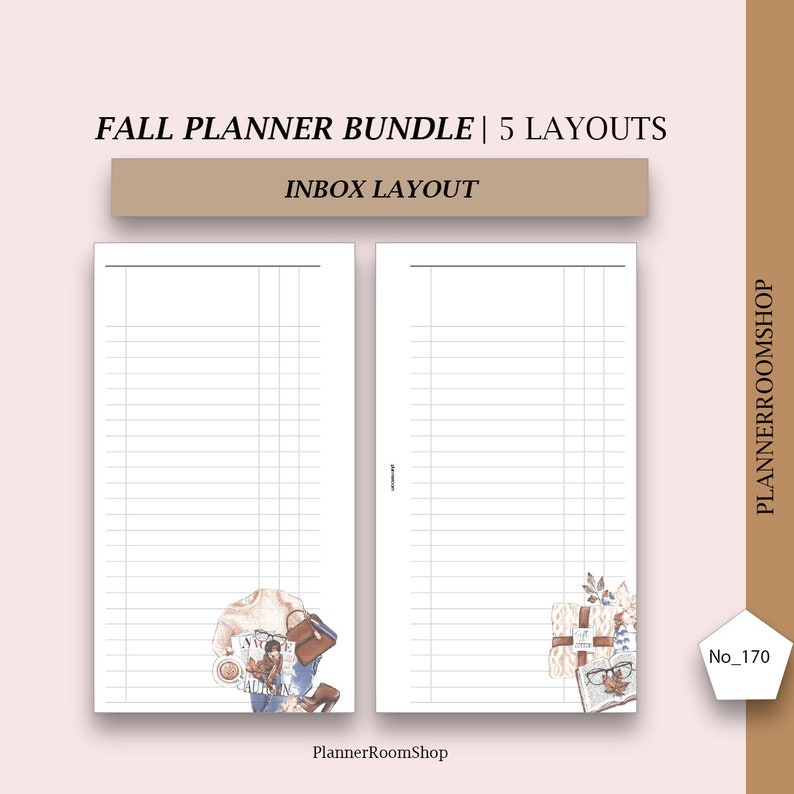 Puede incluir: P&aacute;gina doble de un planificador con el texto "FALL PLANNER BUNDLE | 5 LAYOUTS" y "INBOX LAYOUT". Las p&aacute;ginas son blancas con l&iacute;neas horizontales. La parte inferior de las p&aacute;ginas tiene ilustraciones de acuarela con temas de oto&ntilde;o.