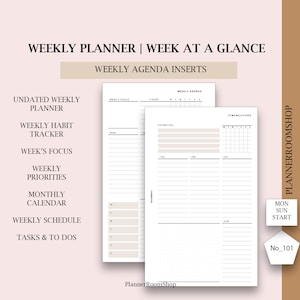 K&ouml;nnte beinhalten: Druckbare Wochenplaner-Seiten mit minimalistischem Design. Die Seiten beinhalten Abschnitte f&uuml;r die w&ouml;chentliche Agenda, den w&ouml;chentlichen Fokus, die w&ouml;chentlichen Priorit&auml;ten, den Monatskalender, den Wochenplan und Aufgaben und To-Dos. Die Seiten sind mit "No_101" gekennzeichnet.