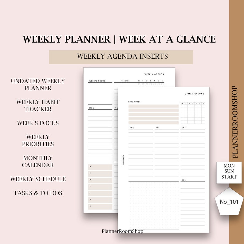 K&ouml;nnte beinhalten: Druckbare Wochenplaner-Seiten mit minimalistischem Design. Die Seiten beinhalten Abschnitte f&uuml;r die w&ouml;chentliche Agenda, den w&ouml;chentlichen Fokus, die w&ouml;chentlichen Priorit&auml;ten, den Monatskalender, den Wochenplan und Aufgaben und To-Dos. Die Seiten sind mit "No_101" gekennzeichnet.
