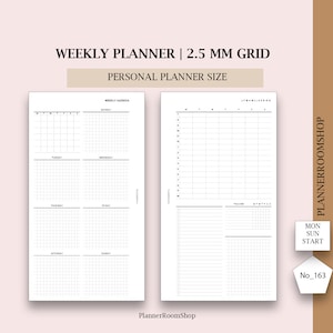 Printable weekly planner, 2.5 mm grid layout, Personal rings planner size, Horizontal minimal weekly layout, 163