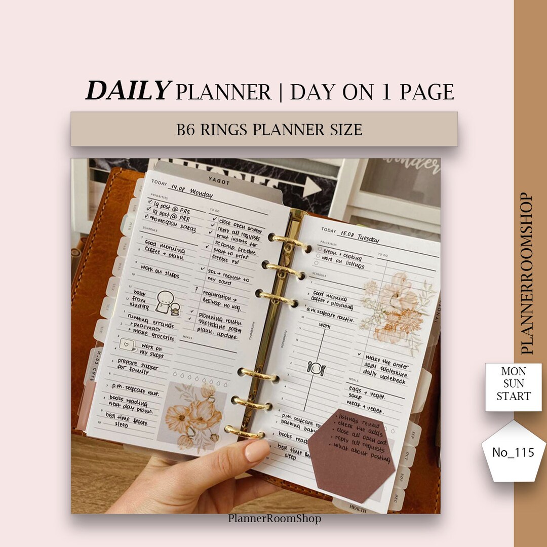 B6 Rings Inserts, Printable Daily Planner, B6 Planner Size, Daily