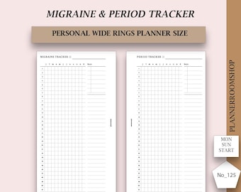 Migraine and Period tracker log, Symptom Pain printable planner, Menstrual, Ovulation cycle, Personal size inserts, 125