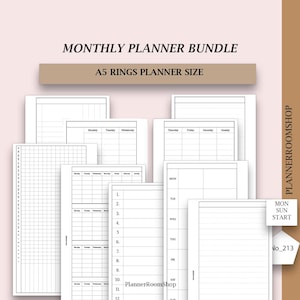 May include: A collection of white A5 planner inserts with various layouts, including daily, weekly, and monthly spreads. The text "MONTHLY PLANNER BUNDLE" and "A5 RINGS PLANNER SIZE" are displayed at the top. The PlannerRoomShop logo is visible.