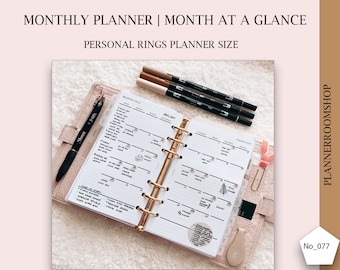 Minimalist monthly planner, Printable inserts, Personal rings planner size, MO2P, Monthly calendar, Monthly template, Digital monthly, 077