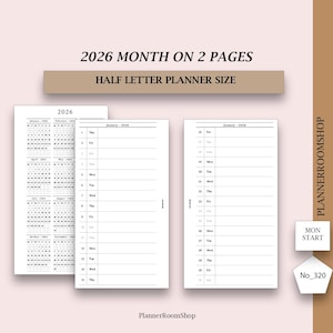 Printable 2026 Monthly Planner, Month on 2 Pages, Personal Planner Inserts, Dated Planner Refills, Half Letter size, Ring Bound, 320