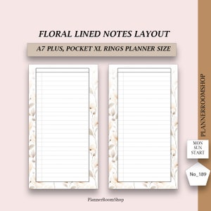 以下が含まれることがあります： FLORAL LINED NOTES LAYOUTおよびA7 PLUS, POCKET XL RINGS PLANNER SIZEと記された2枚の縦型プランナーインサート。各ページは、ベージュと茶色の花柄で縁取られた中央の白い罫線エリアが特徴です。テキストにはPLANNERROOMSHOP、MON SUN START、No_189が含まれています。
