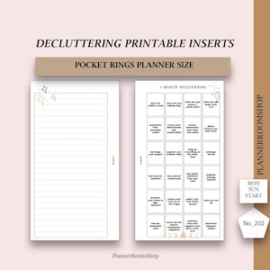 May include: Printable planner inserts for a pocket ring planner. The inserts are designed for a 5-minute decluttering routine. The inserts feature a grid of 16 squares, each with a different decluttering task. The tasks include cleaning out your wallet, reviewing paid subscriptions, organizing your bedside table, and more. The inserts are decorated with stars and lightning bolts. The text "PlannerRoomShop" appears at the bottom of the page. The text "5 Minute Decluttering" appears at the top of the page. The text "Mon Sun Start" appears in the bottom right corner of the page. The text "No_202" appears in the bottom right corner of the page.