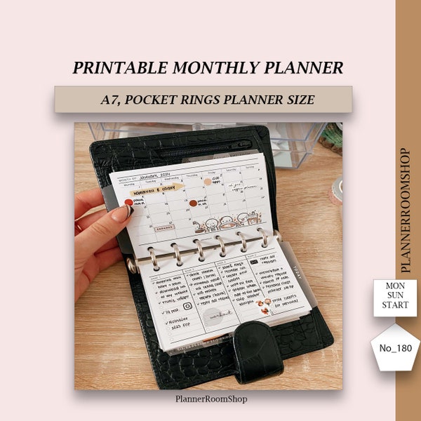 Printable ADHD monthly planner adult, Monthly calendar inserts for A7, Pocket rings planner size, 180
