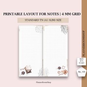 May include: Printable layout for notes with a 4 mm grid, standard TN (A5 slim) size. The design features a grid pattern with botanical illustrations and coffee-themed accents. The text includes "Printable Layout for Notes" and "Standard TN (A5 Slim) Size."