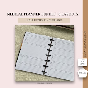 May include: Open medical planner with black binding, featuring lined pages for doctor appointments and medical contact details. The planner includes the text "MEDICAL PLANNER BUNDLE | 8 LAYOUTS" and "HALF LETTER PLANNER SIZE". The PlannerRoomShop logo is visible.