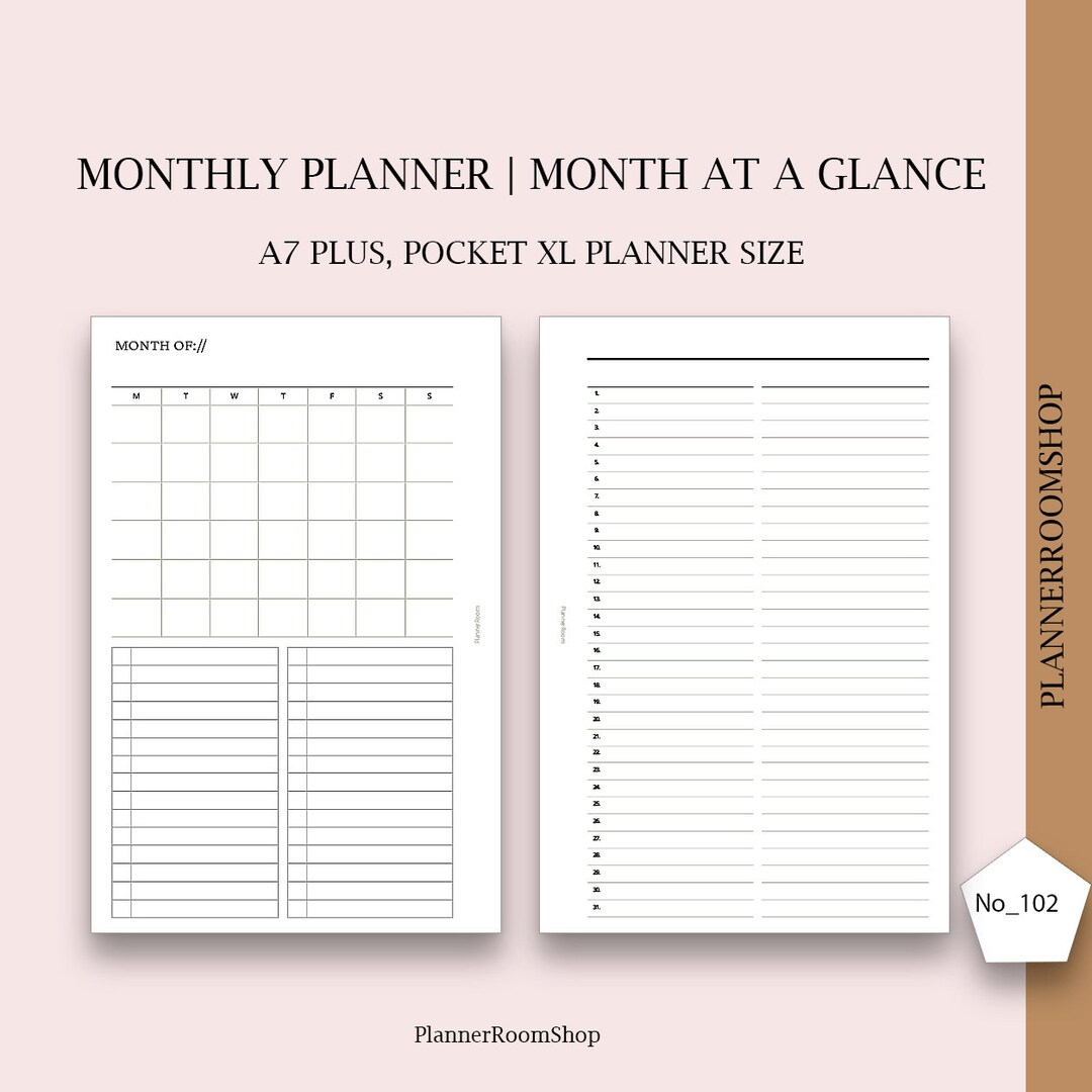Monthly Calendar, Pocket XL Printable Inserts, Month at a Glance ...