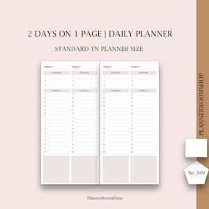 Standard TN, Daily template, 2 days on 1 page, Daily hourly schedule, Daily printable planner, Daily pages