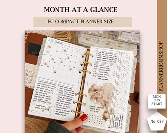 Monthly planner, FC Compact planner size, Monthly overview inserts, Month at a glance, Printable planner inserts, 037