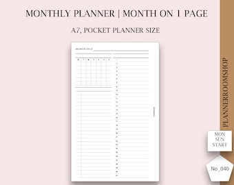 May include: A white A7 pocket-sized monthly planner page with a grid for the days of the week and numbered lines for notes. The text "MONTHLY PLANNER | MONTH ON 1 PAGE" is at the top. The PlannerRoomShop logo is visible.