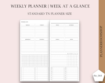 Puede incluir: Una página de planificador semanal imprimible en blanco y negro con el texto "WEEKLY PLANNER | WEEK AT A GLANCE" y "STANDARD TN PLANNER SIZE". La página del planificador está dividida en siete columnas para cada día de la semana, con una sección de notas y una cuadrícula para realizar un seguimiento de los hábitos o las tareas.