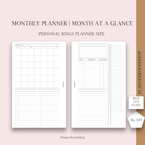 Op de afbeelding: Een zwart-witte printbare maandelijkse plannerpagina met een kalenderrooster en een notitiegedeelte. De planner is ontworpen voor persoonlijke ringplanners en is gelabeld met "MAANDELIJKSE PLANNER | MAAND OP EEN BLIK" en "PERSOONLIJKE RINGPLANNER FORMAAT". Het kalenderrooster is gelabeld met "MAAND VAN" en het notitiegedeelte is gelabeld met "Datum", "Beschrijving", "Bedrag" en "Notitie". De planner bevat ook een sectie voor het bijhouden van dagelijkse taken met een rooster dat is gelabeld met "MA DI START". De planner is gelabeld met "No_037".