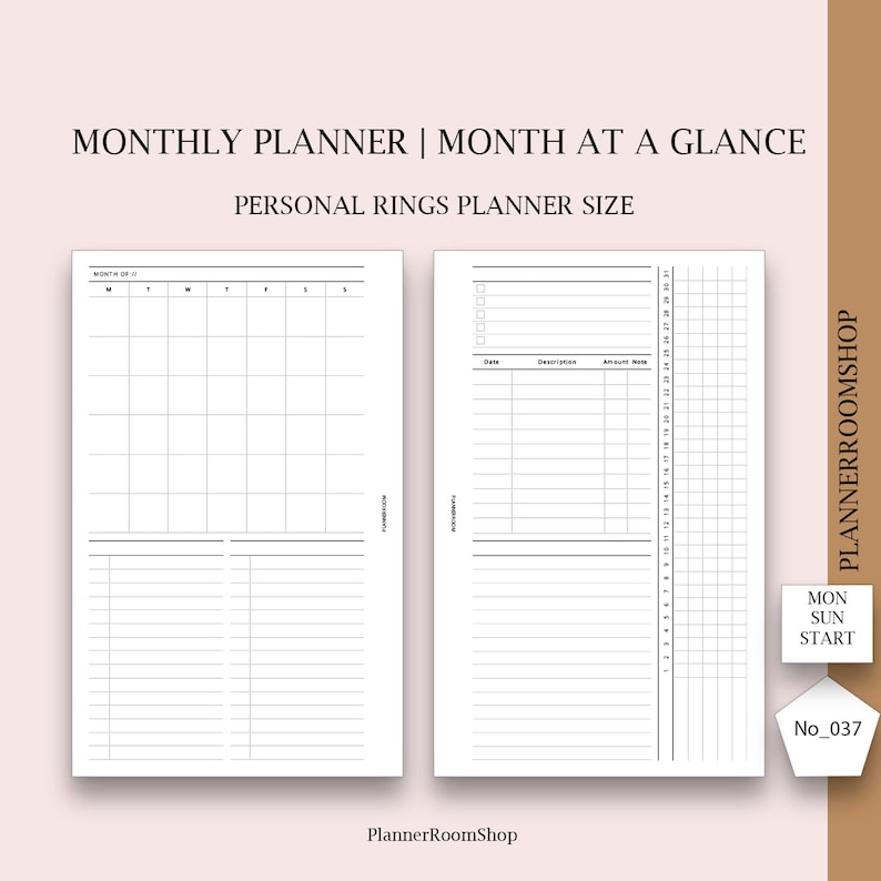 Op de afbeelding: Een zwart-witte printbare maandelijkse plannerpagina met een kalenderrooster en een notitiegedeelte. De planner is ontworpen voor persoonlijke ringplanners en is gelabeld met "MAANDELIJKSE PLANNER | MAAND OP EEN BLIK" en "PERSOONLIJKE RINGPLANNER FORMAAT". Het kalenderrooster is gelabeld met "MAAND VAN" en het notitiegedeelte is gelabeld met "Datum", "Beschrijving", "Bedrag" en "Notitie". De planner bevat ook een sectie voor het bijhouden van dagelijkse taken met een rooster dat is gelabeld met "MA DI START". De planner is gelabeld met "No_037".