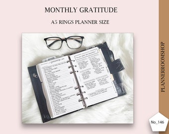 Gratitude journal, A5 printable inserts, Monthly printable gratitude, Gratitude template, Reflection planner, 2 lines a day, 146
