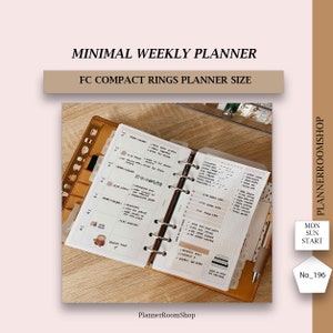 May include: A weekly planner in FC compact rings size with a tan leather cover. The open pages feature a grid layout with handwritten notes, checklists, and small icons. Text on the image includes MINIMAL WEEKLY PLANNER, FC COMPACT RINGS PLANNER SIZE, PLANNERROOMSHOP, MON SUN START, and No_196.