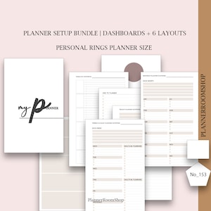 Può includere: Un pacchetto di impostazione del planner per planner ad anelli personali. Il pacchetto include sei layout, tra cui un planner mensile, un planner settimanale e un planner giornaliero. I layout sono in bianco e nero con uno sfondo beige.