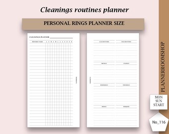 May include: A printable cleaning routine planner for personal size ring binders. The planner includes a monthly task list, a weekly routine section, and a section for both AM and PM routines.