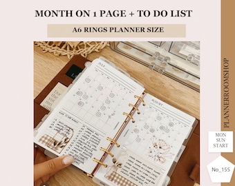 Printable monthly planner inserts, Month on 1 page for A6 rings planner size, Undated calendar with tasks & to do, 155