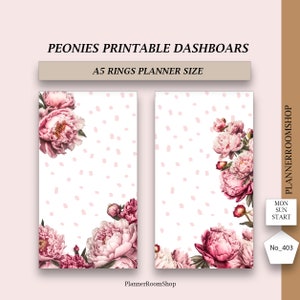 Tableau de bord imprimable du planificateur de pivoines, tableaux de bord floraux avec une fille de l&#39;agenda, tableaux de bord floraux roses, tableaux de bord neutres, 403