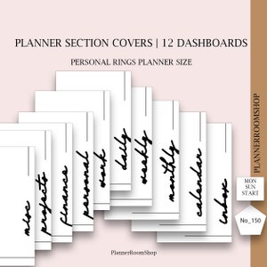 May include: A set of 12 white planner section covers for personal rings planners. Each rectangular dashboard features a black vertical line and black cursive text including labels like projects, finance, personal, work, daily, weekly, monthly, calendar, and inbox.