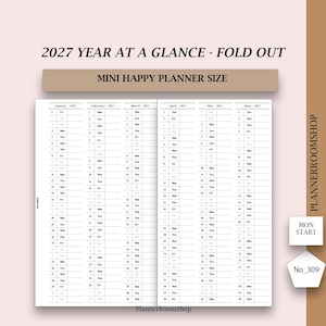 Könnte beinhalten: Ein ausklappbarer 2027 Jahreskalender für einen Mini Happy Planner. Das weiße Papier zeigt schwarzen Text mit einem Wochenstart am Montag und listet die Monate Januar bis Juni in einem vertikalen Raster auf. Text: 2027 YEAR AT A GLANCE.