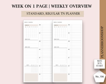 Printable minimal weekly planner for Standard TN, Regular planner size, Organize your tasks and appointments, 106