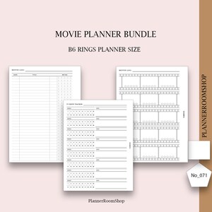 B6 rings inserts, movie printable planner, Movie tracker, Movie list, Movie review journal, TV show tracker, Youtube planner, 071