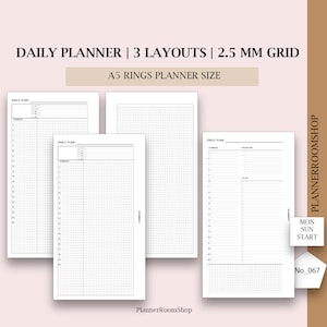 Daily planner bundle for a5 rings planner size, small grid 2.5 mm, Printable daily inserts, Minimal daily schedule, Day on 2 pages, 067