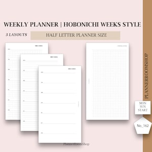 May include: A collection of white paper planner inserts with different layouts. The text on the top reads "WEEKLY PLANNER | HOBONICHI WEEKS STYLE" and "HALF LETTER PLANNER SIZE". The inserts include a weekly agenda, grid, and lined layouts. The bottom right corner has the text "MON SUN START" and "No_162".