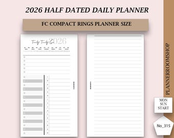 2026 HALF DATED day on 2 pages printable inserts, daily schedule with daily notes, Minimal planner, 315