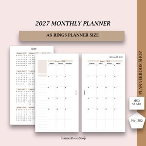Könnte beinhalten: Ein monatlicher Planer für 2027 in A6-Ringbuchgröße. Die Seiten zeigen einen Kalender für Januar 2027 mit Wochenbeginn am Montag, eine Jahresübersicht, ein monatliches Rasterlayout sowie den Text PlannerRoomShop und No_302.
