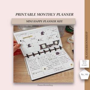 May include: A black and white monthly planner with a black and white polka dot design. The planner is open to January 2018 and has a to-do list on the right page. The planner is labelled "Printable Monthly Planner" and "Mini Happy Planner Size".