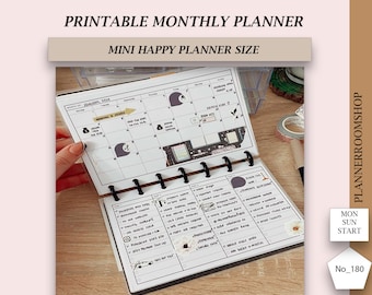 Planificador mensual de TDAH imprimible para adultos, inserciones de calendario mensual para el tamaño Mini Happy Planner, 180